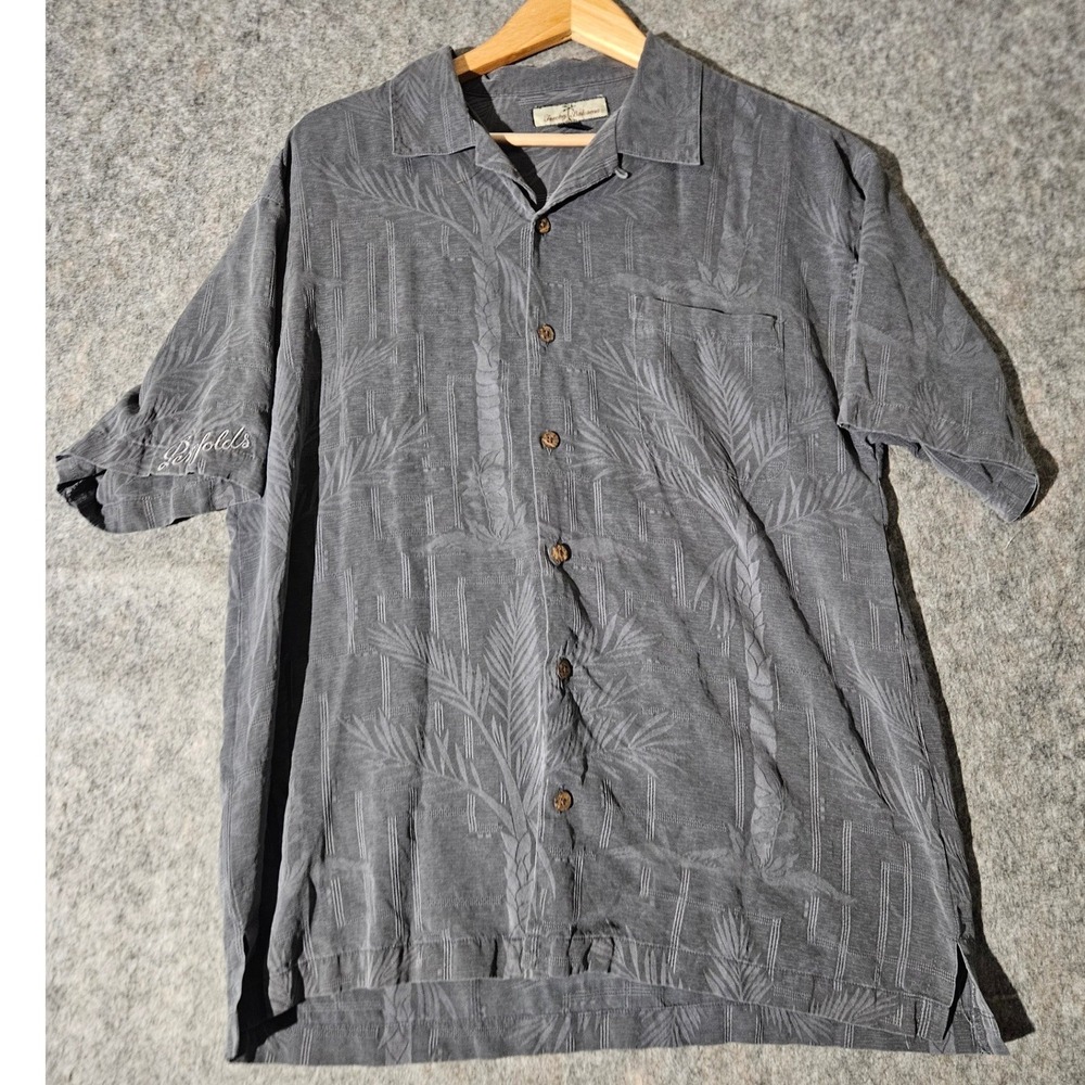 Tommy Bahama Penfolds Shirt Mens L 100% Silk Gray Jacquard Palm Hawaiian Camp